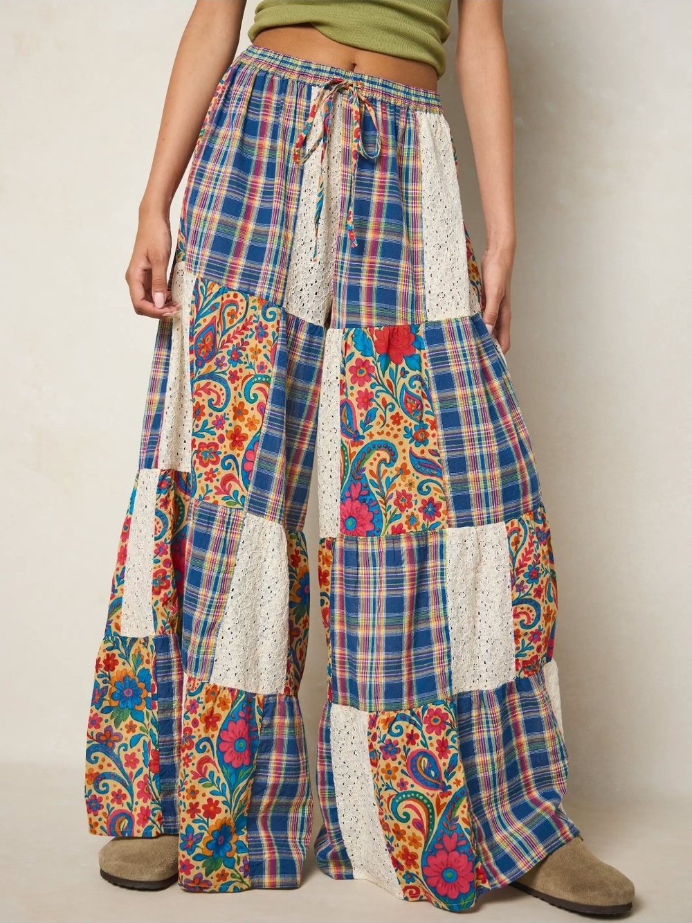 NATURAL LIFE  New In Package Blue Plaid & Multicolor Patchwork Wide-Leg Pants